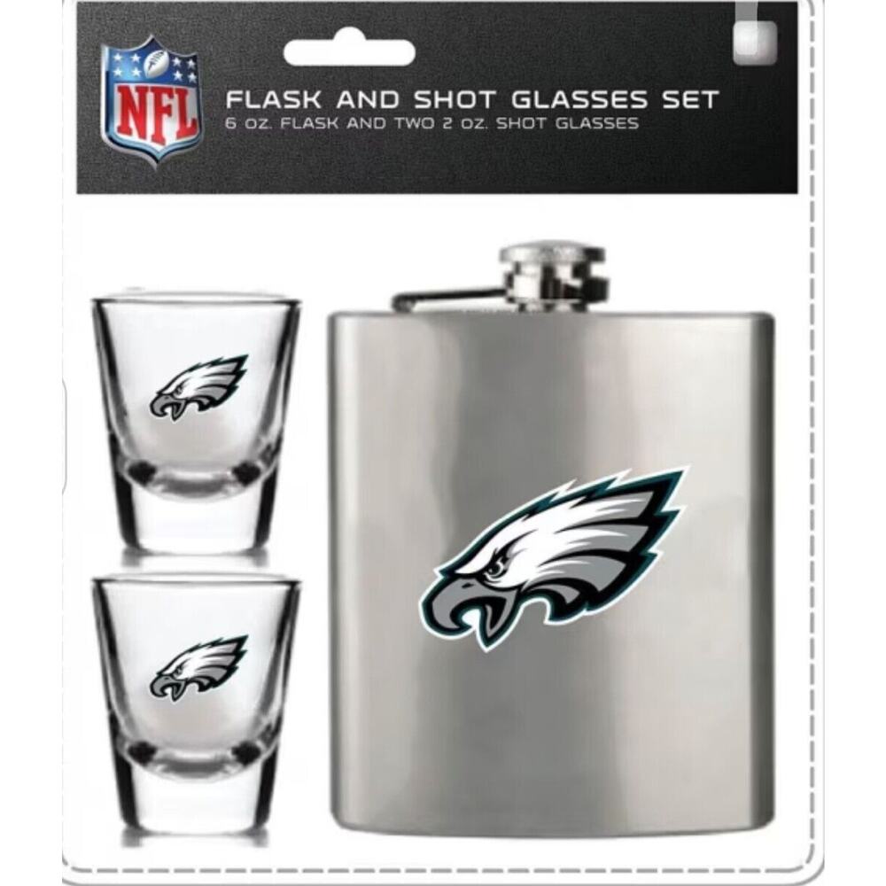 NFL PHILADELPHIA EAGLES Flask w 2 Shot Glasses Set Brushed Stainless Steel NEW!!